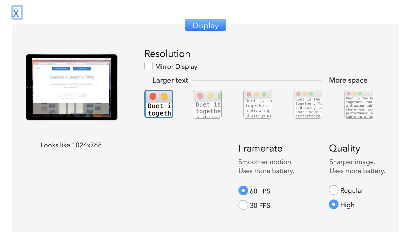 Set the lowest resolution, highest framerate, and highest quality in Duet Display