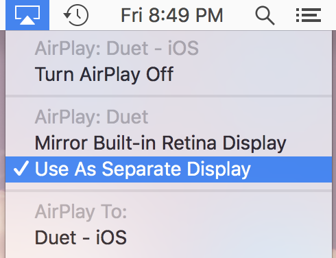 Choose “Use As Separate Display” from the Airplay menu